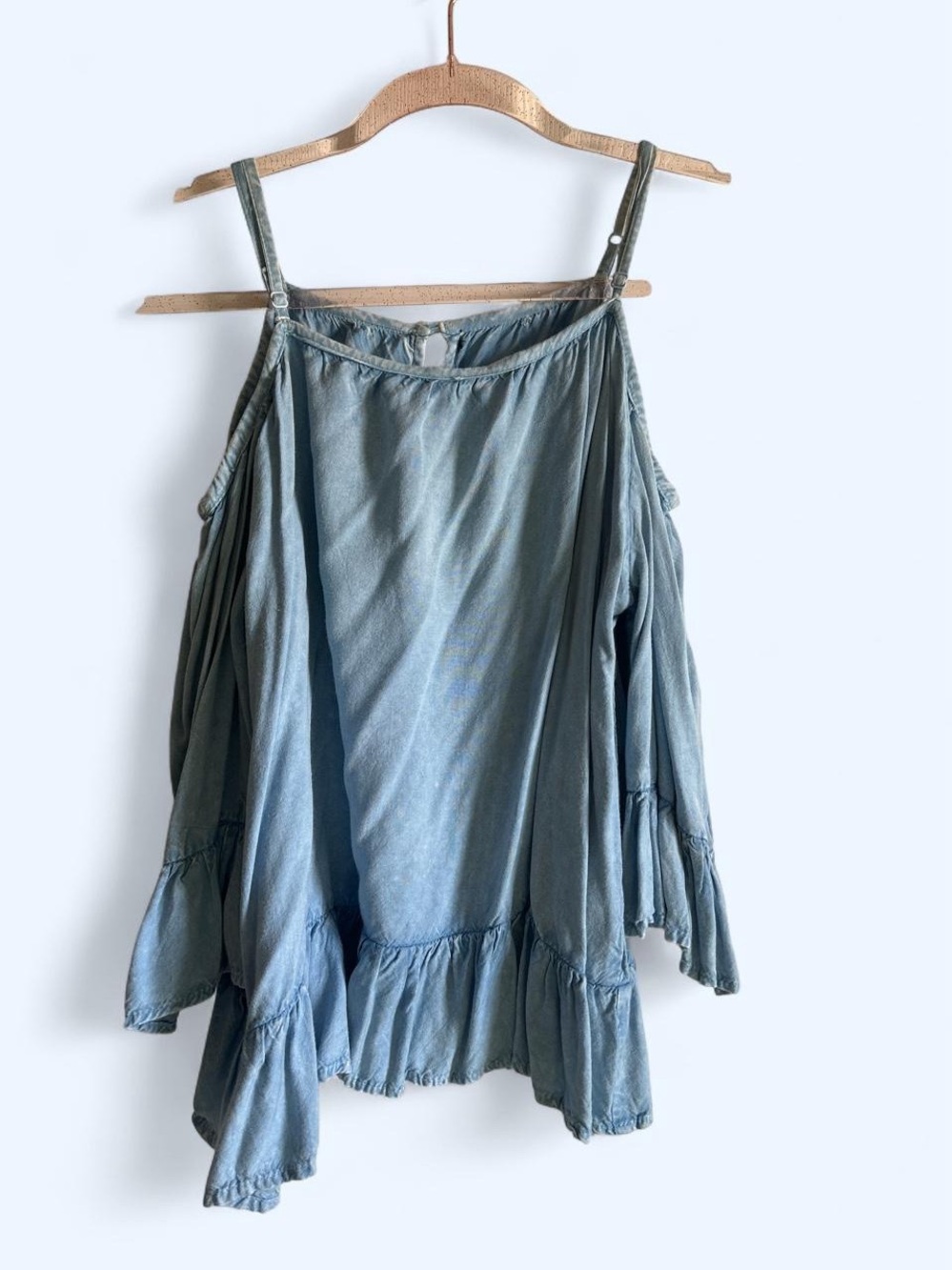 Light Blue Chambray Cold-Shoulder Ruffle Top